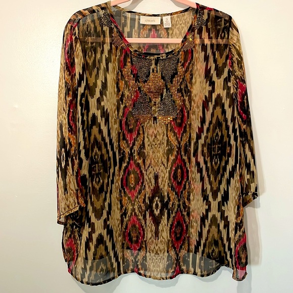 Chico's Sheer Beaded Multicolor Ikat Sheer Flowy Blouse Size 3 - US XL - Picture 1 of 7